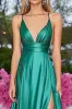 Green Satin Spaghetti Straps A-Line Ruched Long Prom Dress with Slit sold by Zapaka