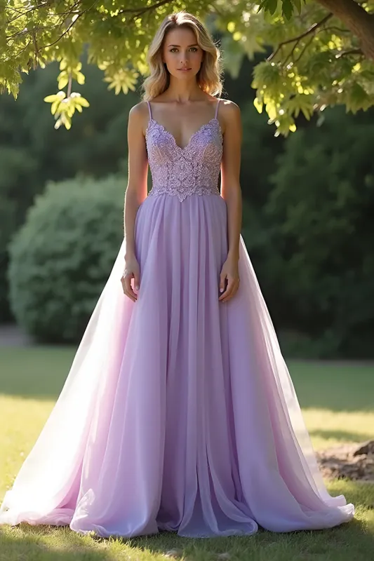 Lilac A Line Spaghetti Straps Long Prom Dress With Lace Appliques sold by Zapaka