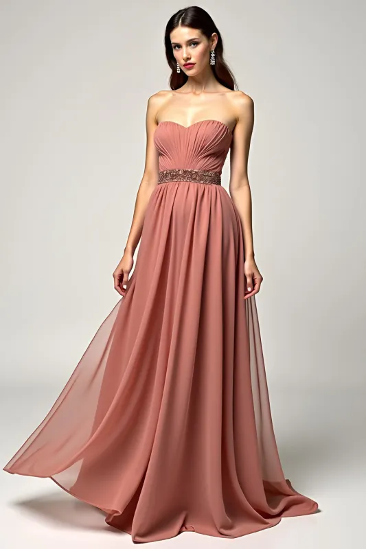 Dusty Rose Strapless A Line Tulle Prom Dress sold by Zapaka