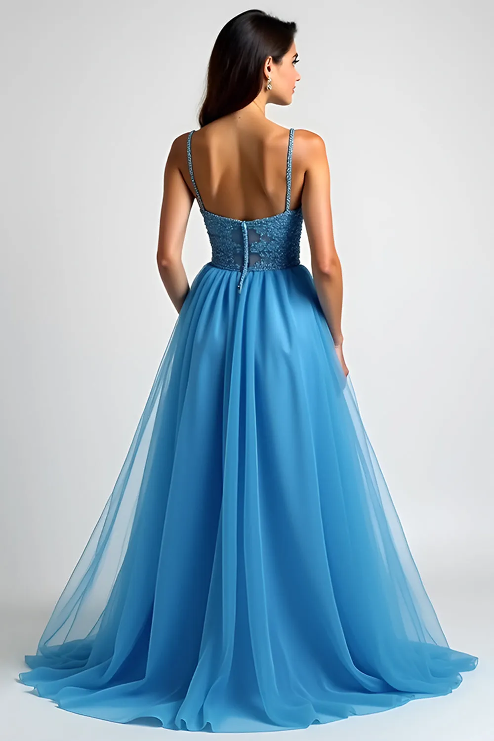 Light Blue A Line Spaghetti Straps Long Prom Dress with Slit sold by Zapaka product image thumbnail 3