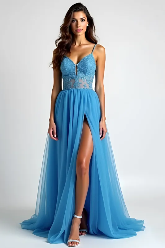 Light Blue A Line Spaghetti Straps Long Prom Dress with Slit sold by Zapaka