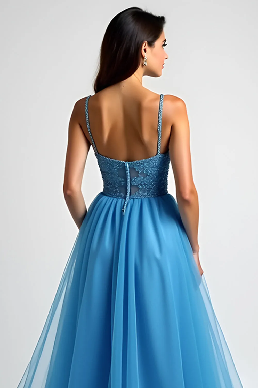 Light Blue A Line Spaghetti Straps Long Prom Dress with Slit sold by Zapaka product image thumbnail 5