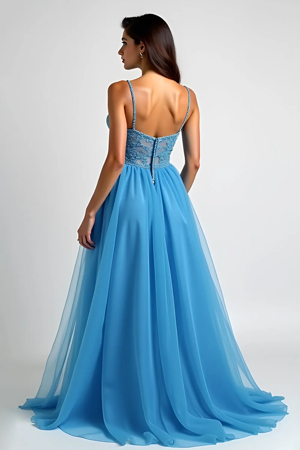 Light Blue A Line Spaghetti Straps Long Prom Dress with Slit sold by Zapaka product image thumbnail 2