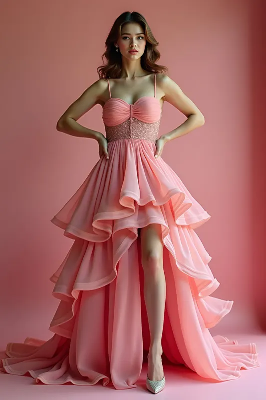 Sparkly Pink A Line Spaghetti Straps Ruffle Long Prom Dress With Sequins sold by Zapaka