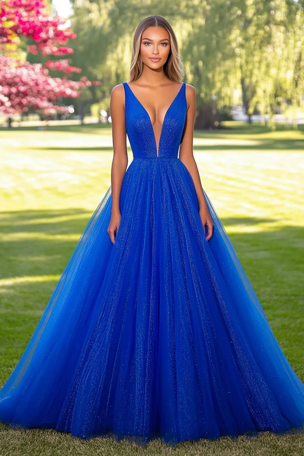 Royal Blue Tulle Deep V-Neck A-Line Long Prom Dress sold by Zapaka