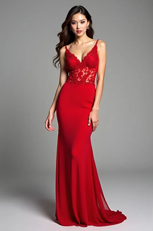 Red Spaghetti Straps Mermaid Appliqued Long Prom Dress sold by Zapaka