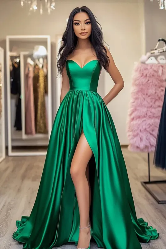 Green Satin Sweetheart A-Line Long Prom Dress with Slit sold by Zapaka
