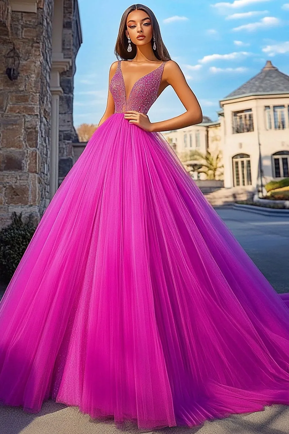 Fuchsia V-Neck Tulle A-Line Long Prom Dress sold by Zapaka