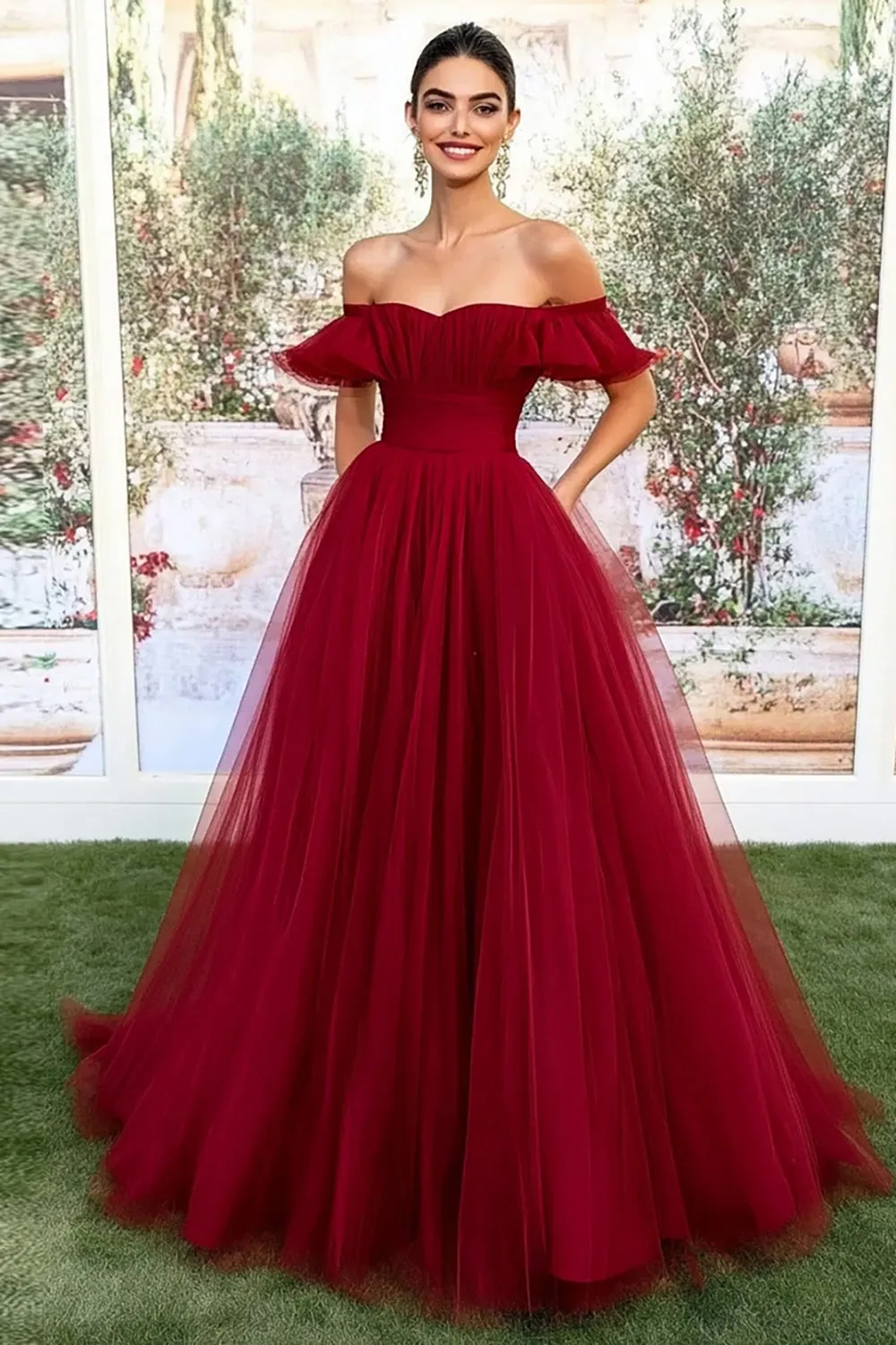 Burgundy Off the Shoulder Tulle A-Line Long Prom Dress sold by Zapaka