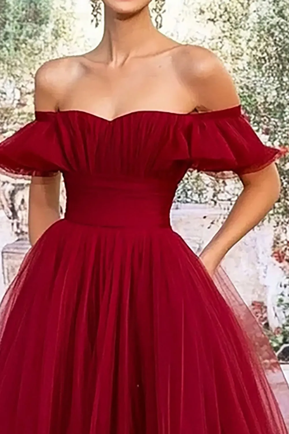 Burgundy Off the Shoulder Tulle A-Line Long Prom Dress sold by Zapaka product image thumbnail 2