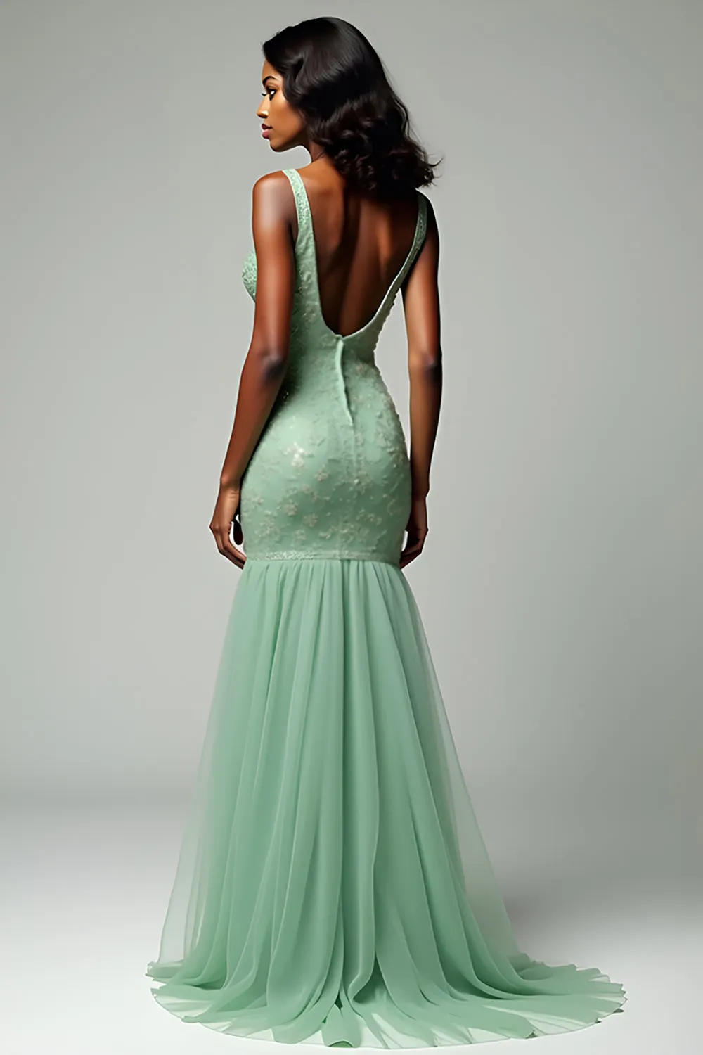 Dusty Sage Mermaid Spaghetti Straps Lace Long Prom Dress sold by Zapaka product image thumbnail 3