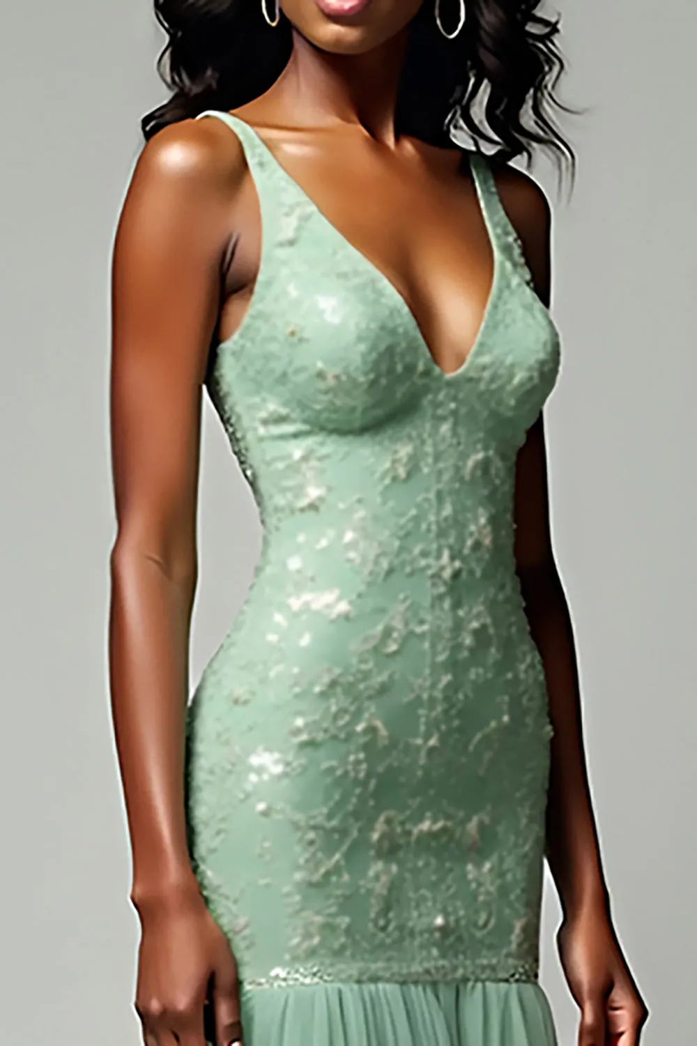 Dusty Sage Mermaid Spaghetti Straps Lace Long Prom Dress sold by Zapaka product image thumbnail 4
