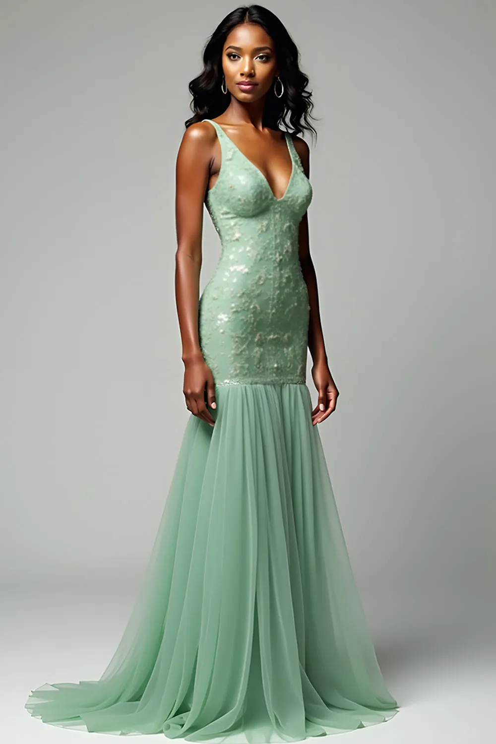 Dusty Sage Mermaid Spaghetti Straps Lace Long Prom Dress sold by Zapaka