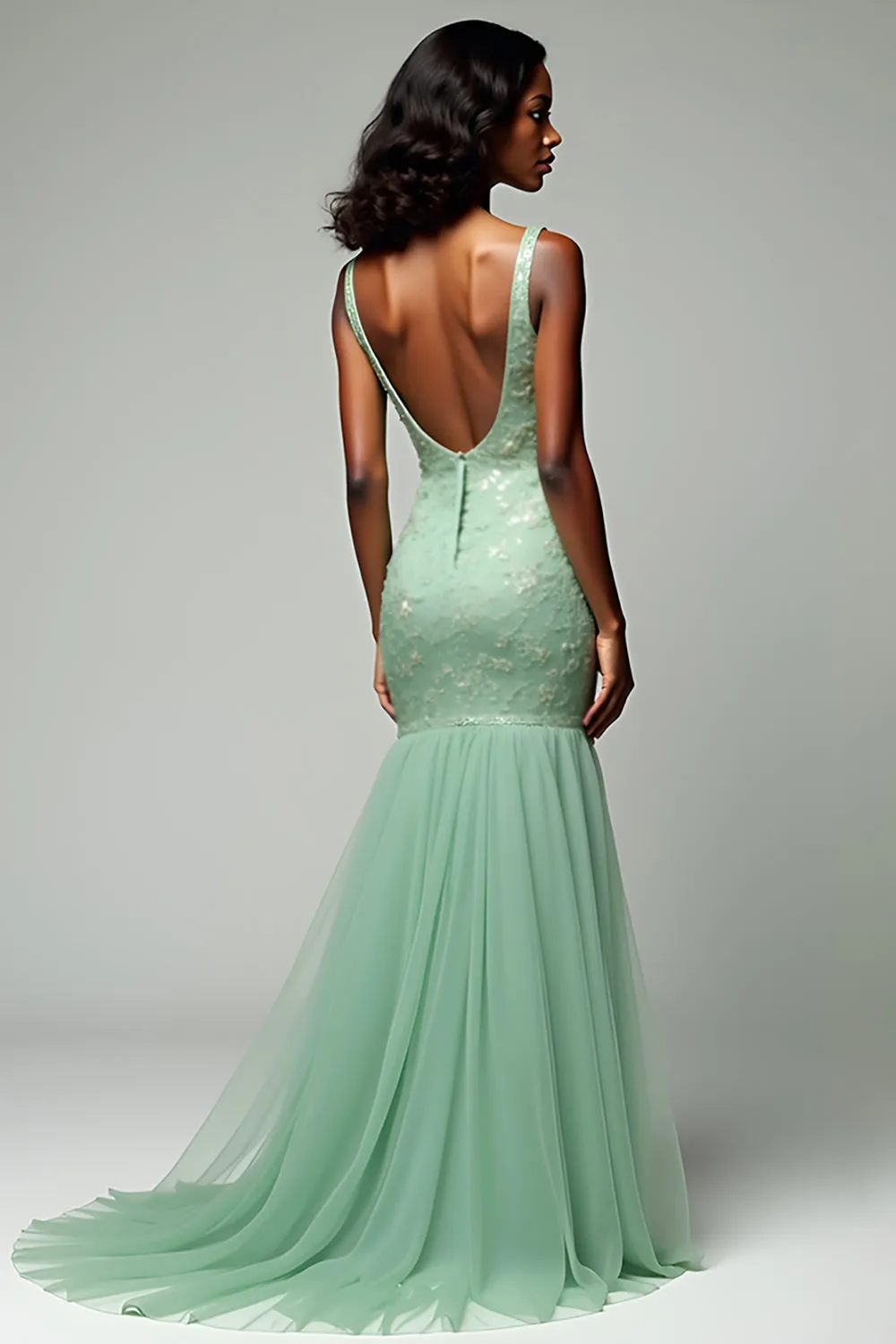 Dusty Sage Mermaid Spaghetti Straps Lace Long Prom Dress sold by Zapaka product image thumbnail 2