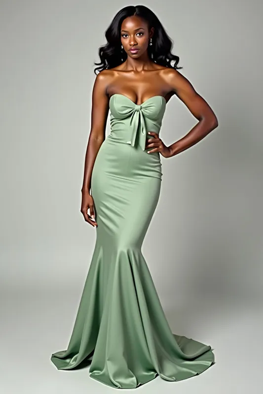 Dusty Sage Matte Satin Mermaid Strapless Long Prom Dress sold by Zapaka