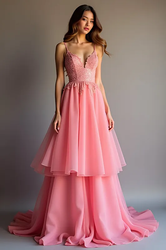Sparkly Pink Sequin A Line Ruffled Long Prom Dress With Lace sold by Zapaka