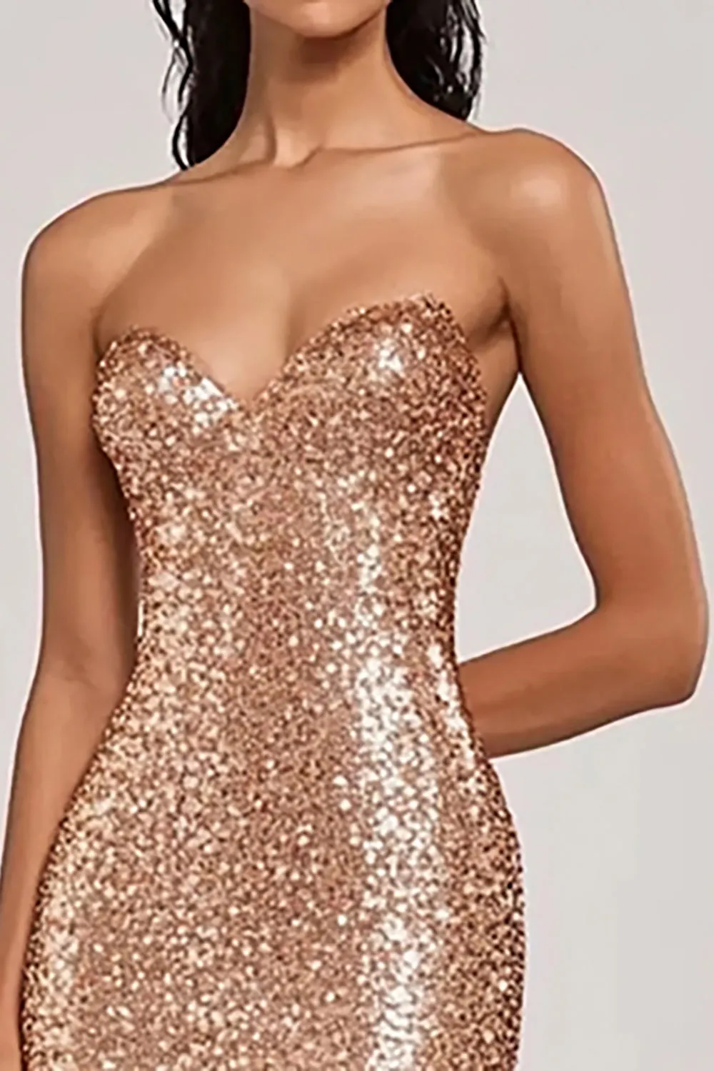 Sparkly Champagne Mermaid Strapless Sequins Long Prom Dress with Slit sold by Zapaka product image thumbnail 2