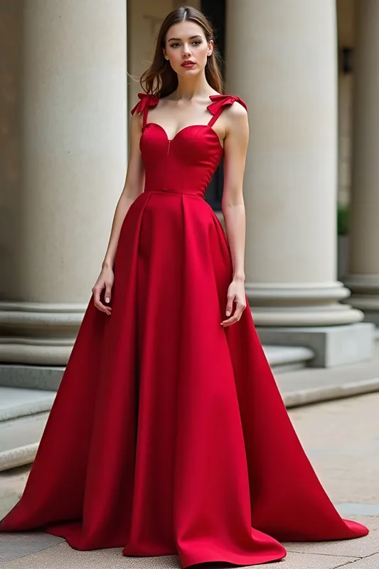 Red A-Line Bow Tie Spaghetti Straps Satin Long Prom Dress sold by Zapaka