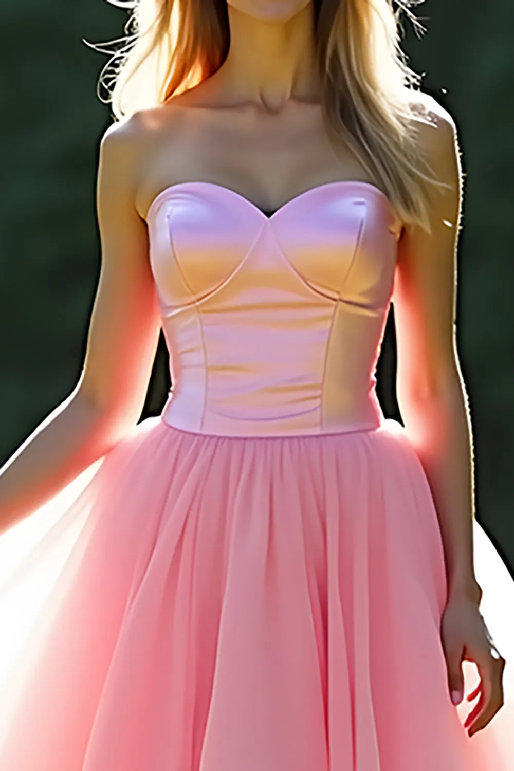 Pink A-Line Strapless Ruffles Tulle Long Prom Dress sold by Zapaka product image thumbnail 4