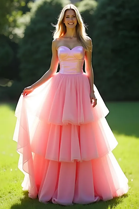 Pink A-Line Strapless Ruffles Tulle Long Prom Dress sold by Zapaka