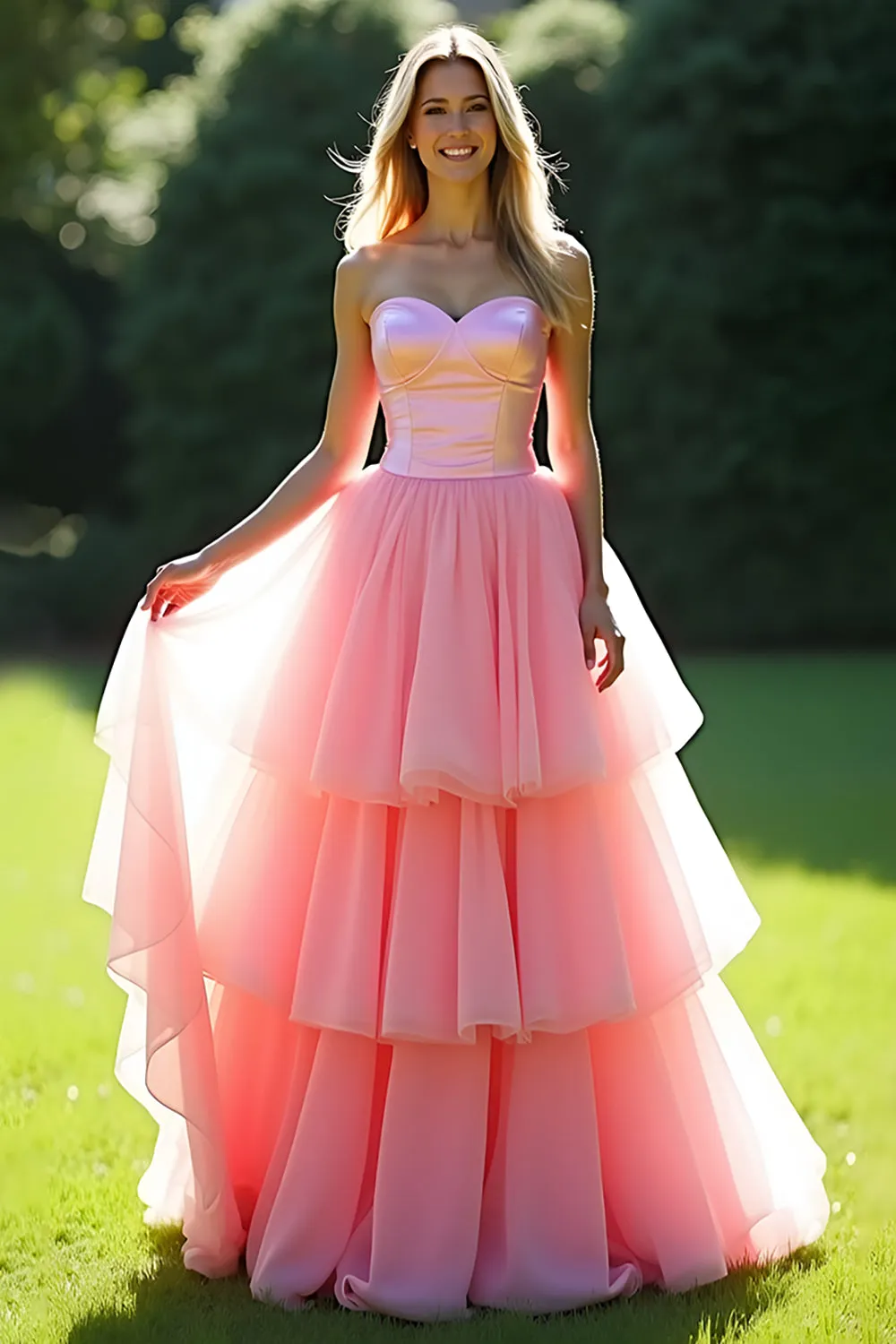 Pink A-Line Strapless Ruffles Tulle Long Prom Dress sold by Zapaka
