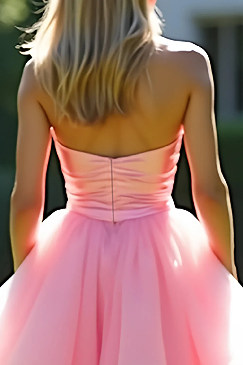 Pink A-Line Strapless Ruffles Tulle Long Prom Dress sold by Zapaka product image thumbnail 5
