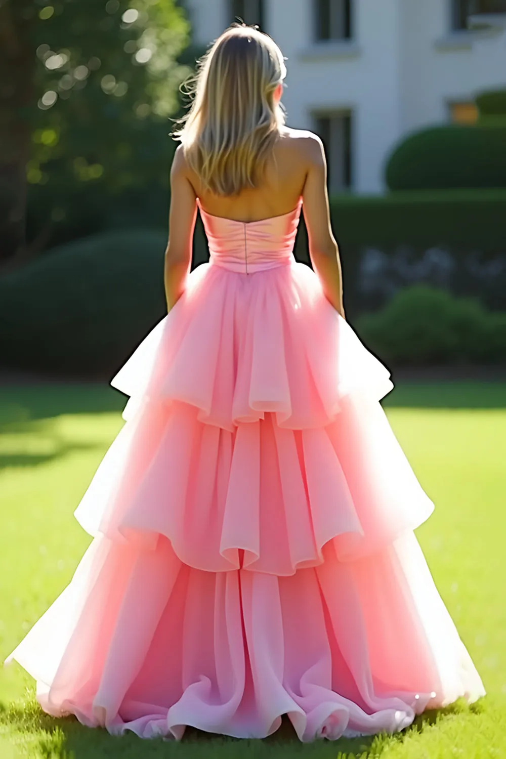 Pink A-Line Strapless Ruffles Tulle Long Prom Dress sold by Zapaka product image thumbnail 2