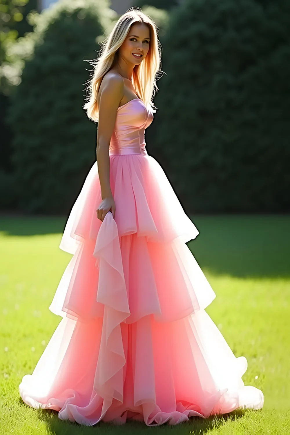 Pink A-Line Strapless Ruffles Tulle Long Prom Dress sold by Zapaka product image thumbnail 3