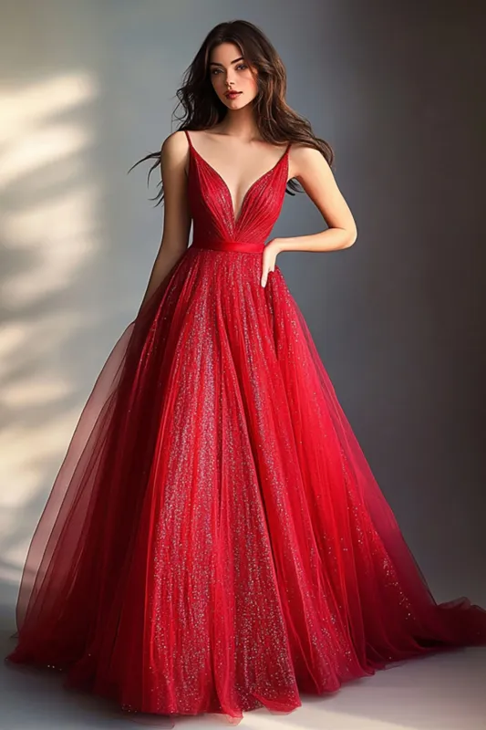Sparkly Red A Line Spaghetti Straps Long Prom Dress With Sequins sold by Zapaka