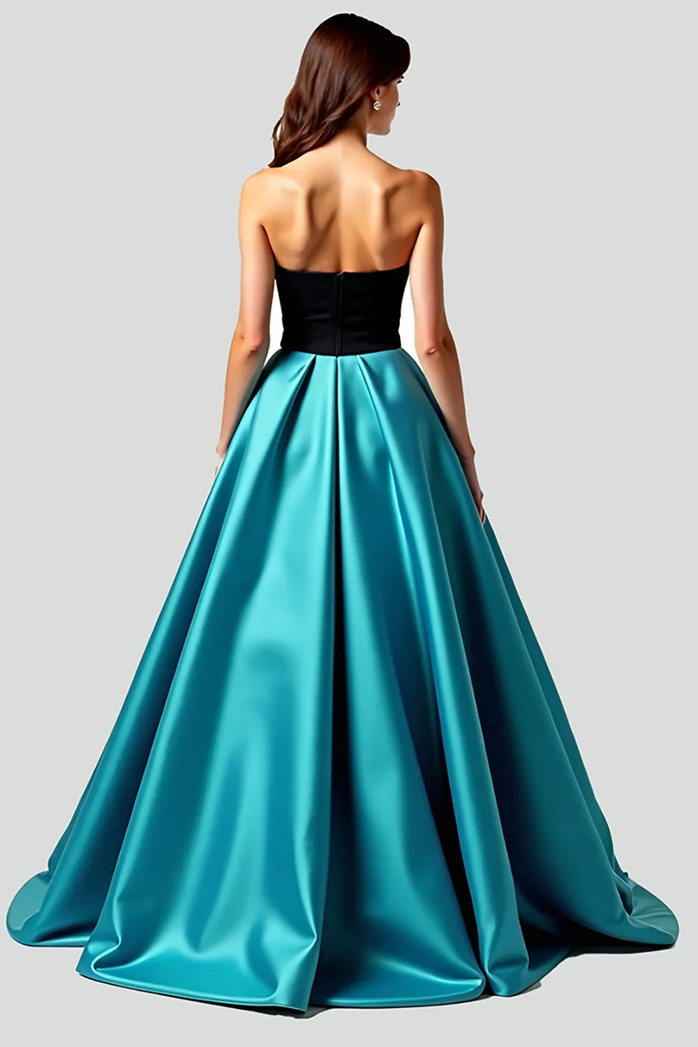 Black Peacock Blue A-Line Strapless Satin Long Prom Dress with Hollow Out sold by Zapaka product image thumbnail 2