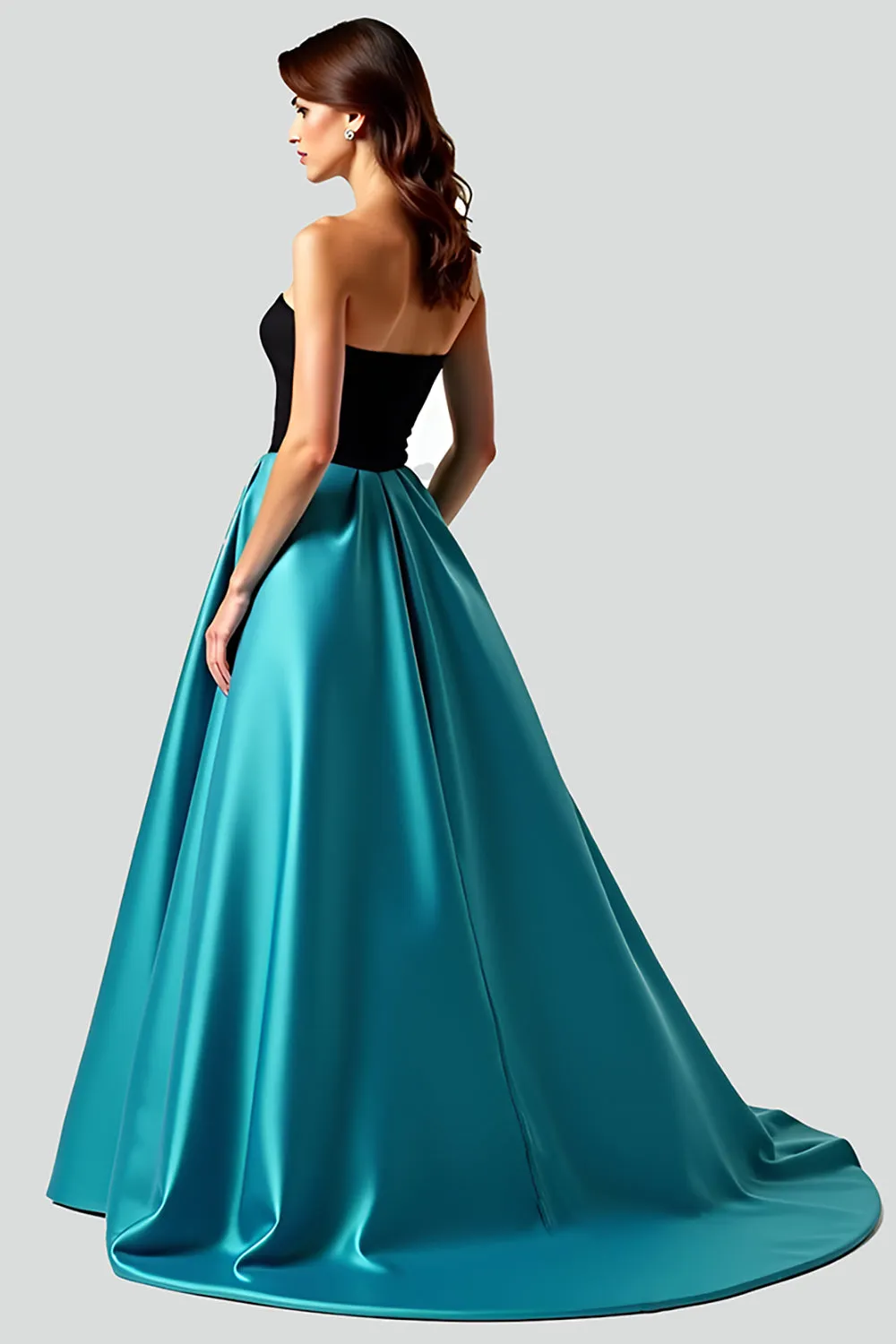 Black Peacock Blue A-Line Strapless Satin Long Prom Dress with Hollow Out sold by Zapaka product image thumbnail 3