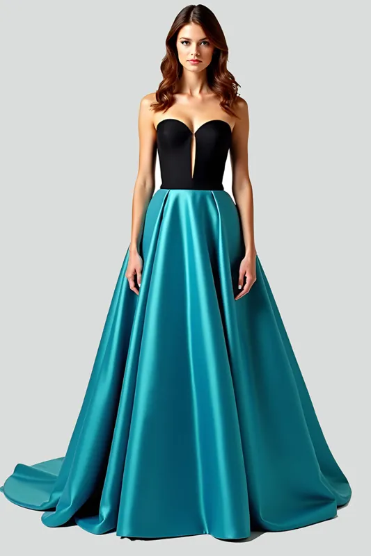Black Peacock Blue A-Line Strapless Satin Long Prom Dress with Hollow Out sold by Zapaka