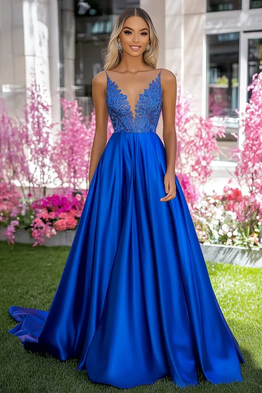 Royal Blue Satin Deep V-Neck A-Line Long Prom Dress with Appliques sold by Zapaka