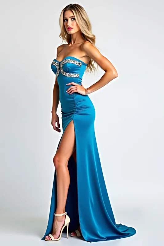 Blue Strapless Sheath Sequined Prom Dress with Slit sold by Zapaka