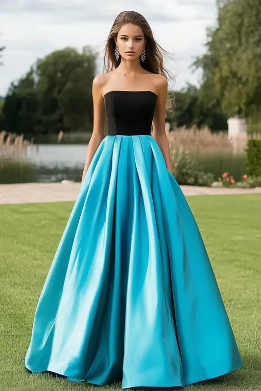 Black Blue Satin A Line Strapless Pleated Long Prom Dress sold by Zapaka