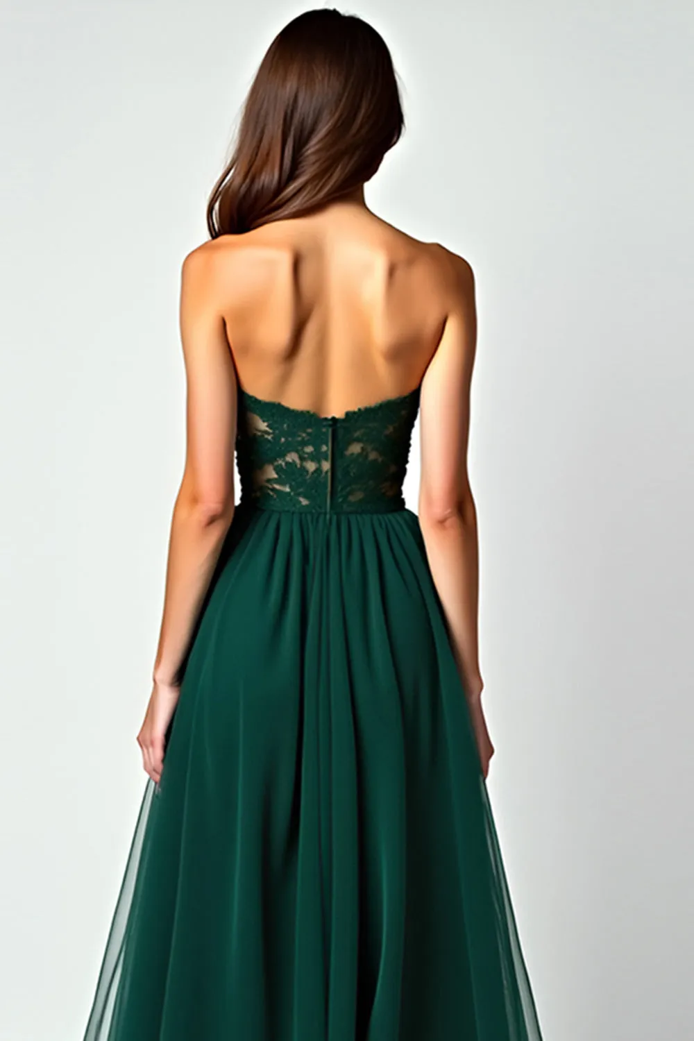 Dark Green A Line Strapless Lace Slit Long Prom Dress sold by Zapaka product image thumbnail 4