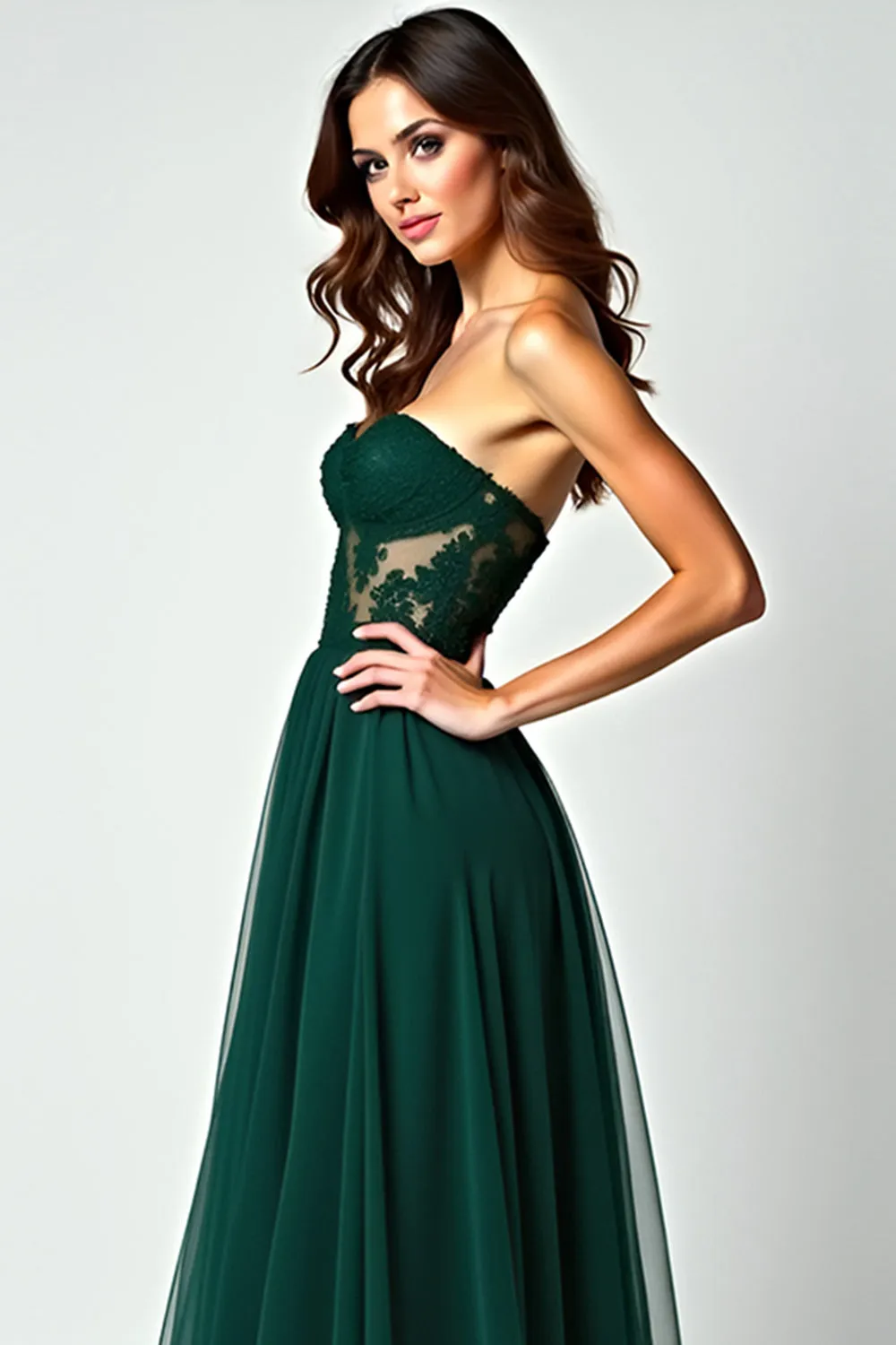 Dark Green A Line Strapless Lace Slit Long Prom Dress sold by Zapaka product image thumbnail 5