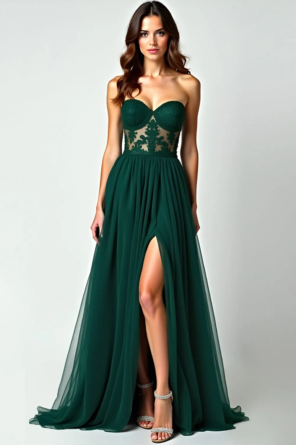 Dark Green A Line Strapless Lace Slit Long Prom Dress sold by Zapaka