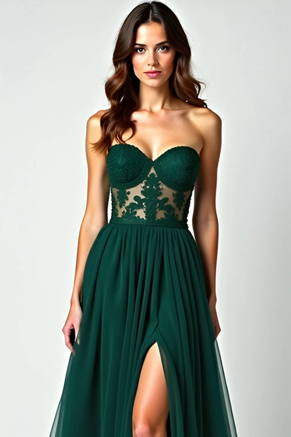 Dark Green A Line Strapless Lace Slit Long Prom Dress sold by Zapaka product image thumbnail 3