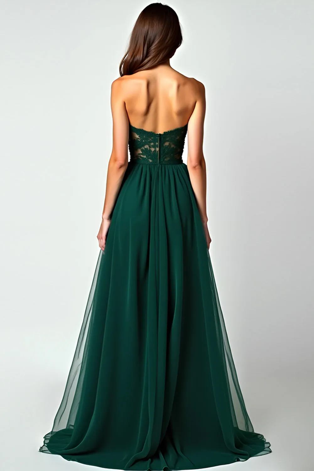 Dark Green A Line Strapless Lace Slit Long Prom Dress sold by Zapaka product image thumbnail 2