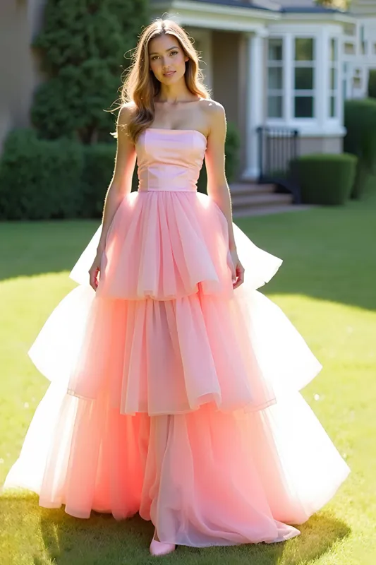 Pink Ball Gown Strapless Ruffles Tulle Long Prom Dress sold by Zapaka
