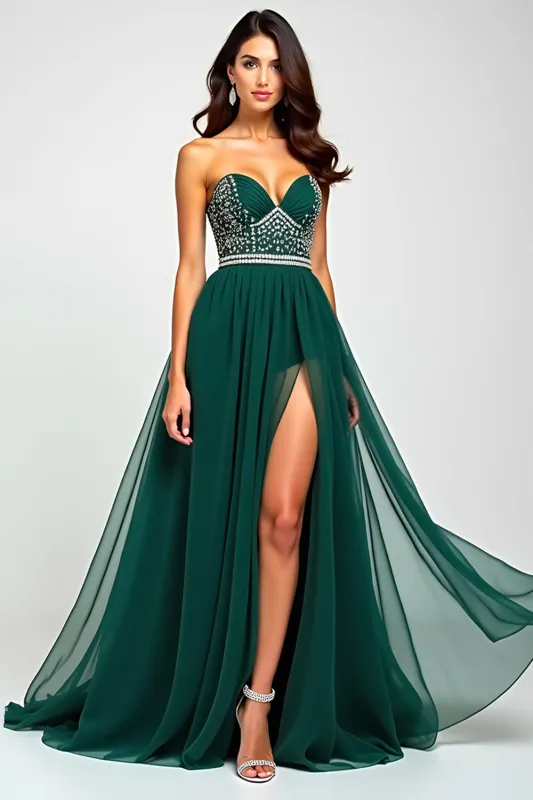 Sparkly Dark Green A Line Sequin Long Prom Dress With Slit sold by Zapaka