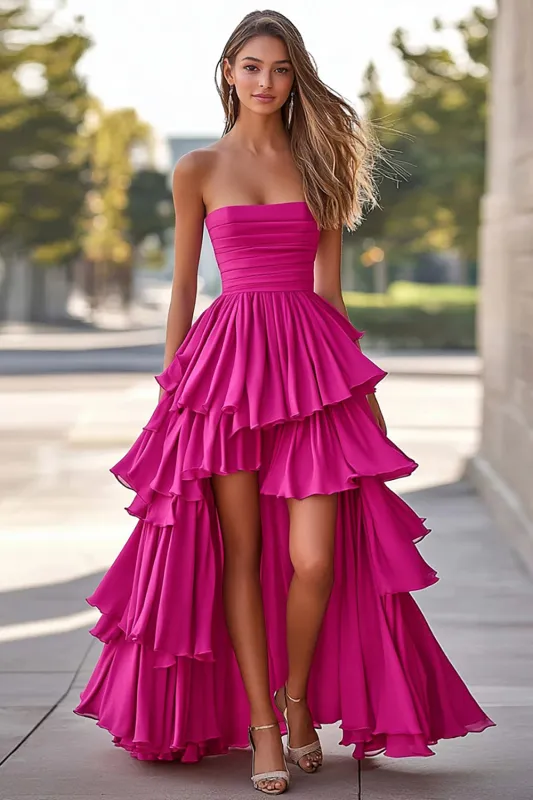 Fuchsia A-Line Strapless Ruched Ruffles Satin High-Low Prom Dress sold by Zapaka