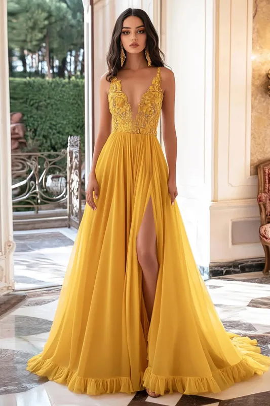Yellow Chiffon V-Neck A-Line Appliqued Long Prom Dress with Slit sold by Zapaka