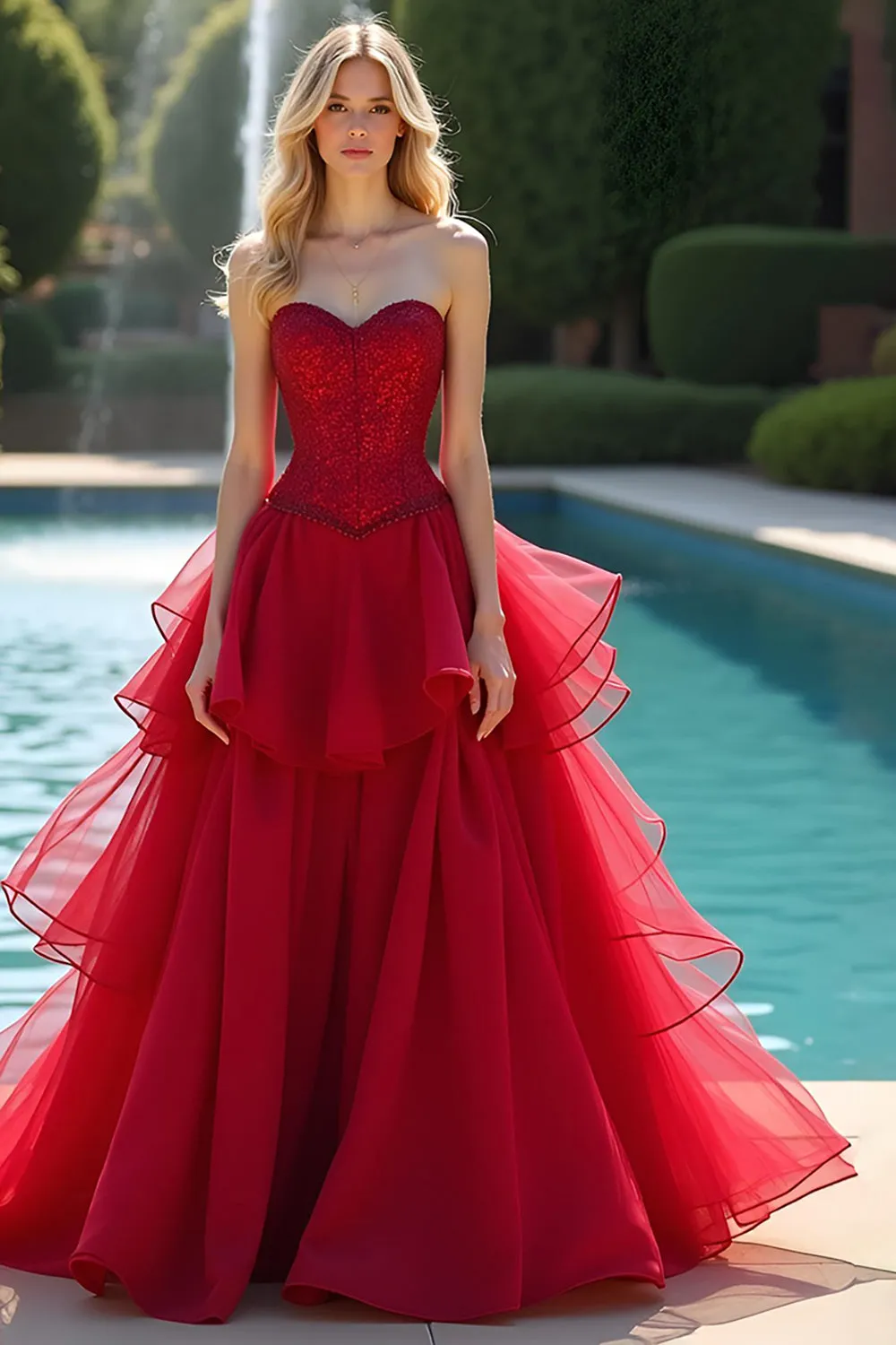 Red A Line Sweetheart Long Ruffled Prom Dress sold by Zapaka