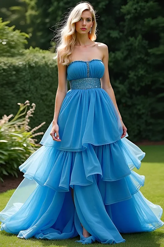 A Line Blue Strapless Ruffled Tiered Prom Dress sold by Zapaka
