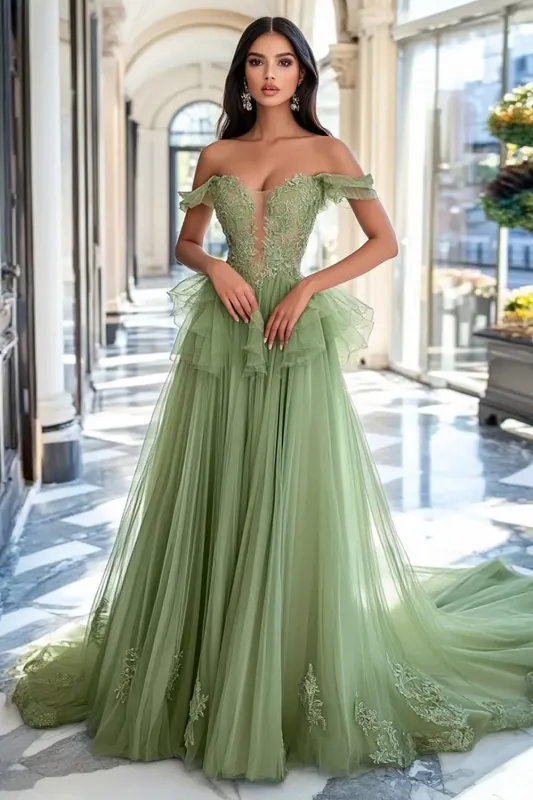 Dusty Sage Tulle Off the Shoulder A-Line Long Prom Dress with Lace Appliques sold by Zapaka