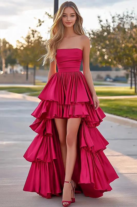 Fuchsia A-Line Strapless Ruffles Satin Pleating High-Low Prom Dress sold by Zapaka