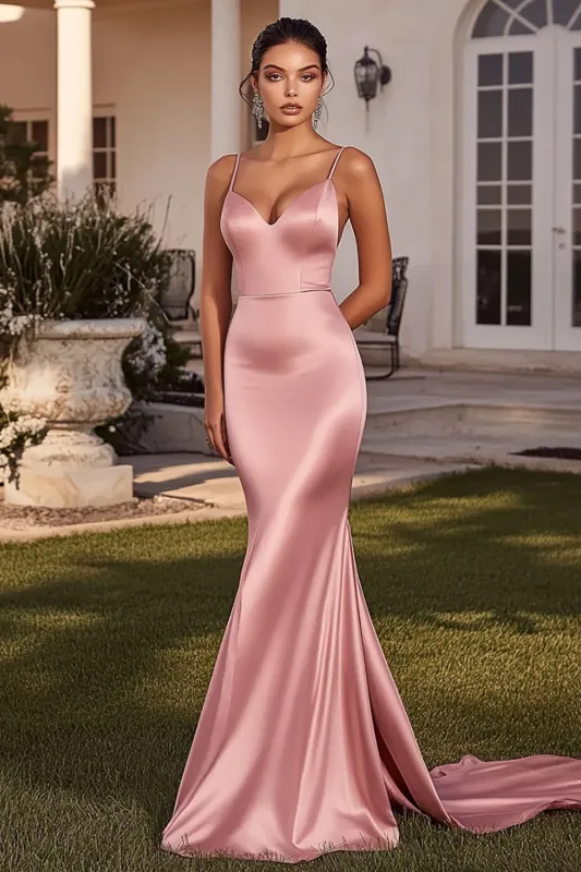 Pink Mermaid Spaghetti Straps Satin Long Prom Dress sold by Zapaka