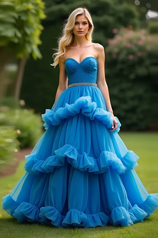 Blue A Line Sweetheart Ruffled Tiered Prom Dress sold by Zapaka